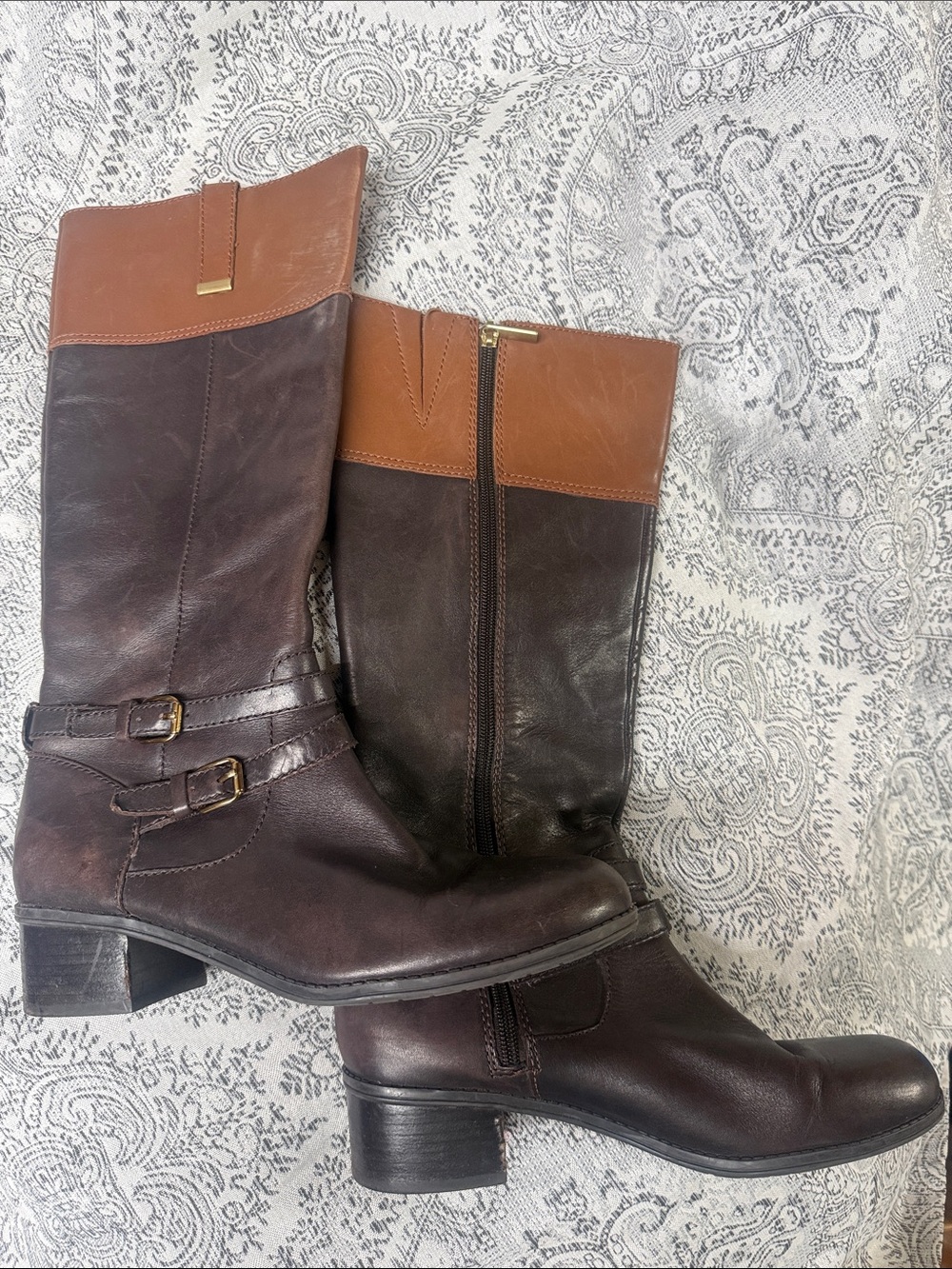 Bandolino Carlotta Two-Tone Leather Riding Boots - Brown & Tan - Size 8